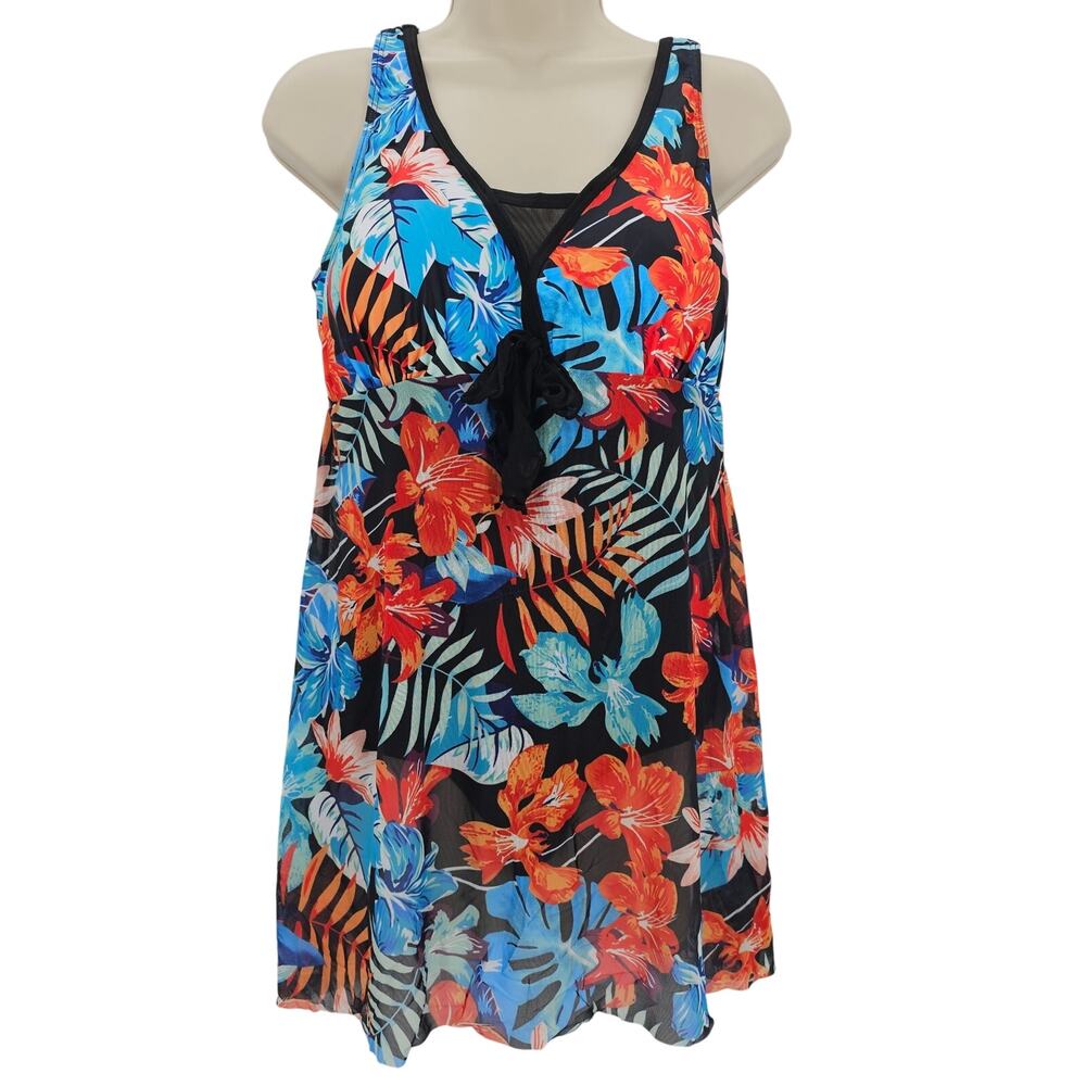 American Trends Womans size L Floral Swimdress One Piece Swimsuit Black NWOT